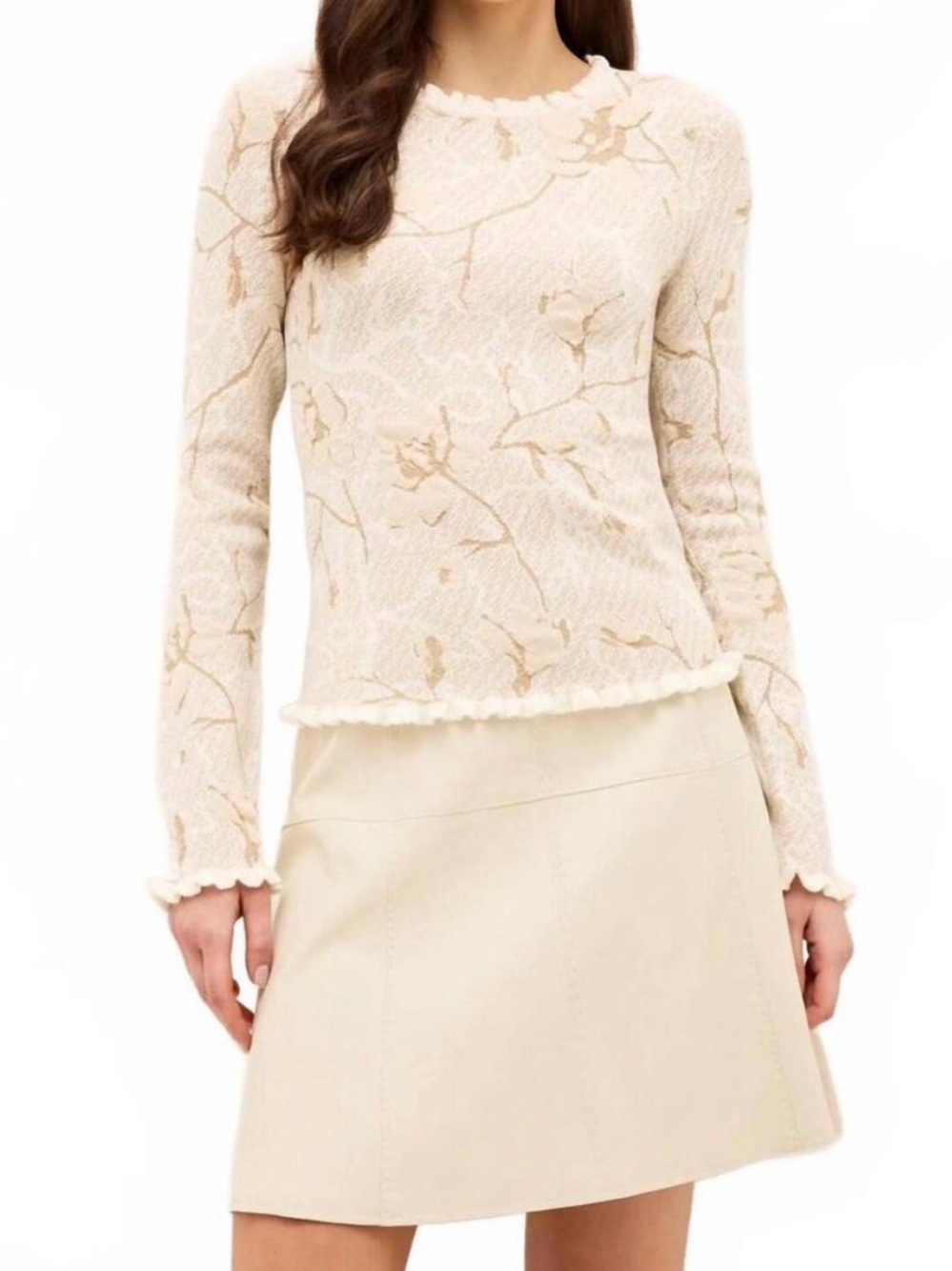 Marie Oliver ISSA Top Knit Ruffle-Trim Ivory Top Sweater Allium Large New
